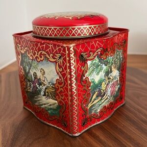 VINTAGE Daher Long Island Metal Tin Romantic Scenes Floral Lid Made England